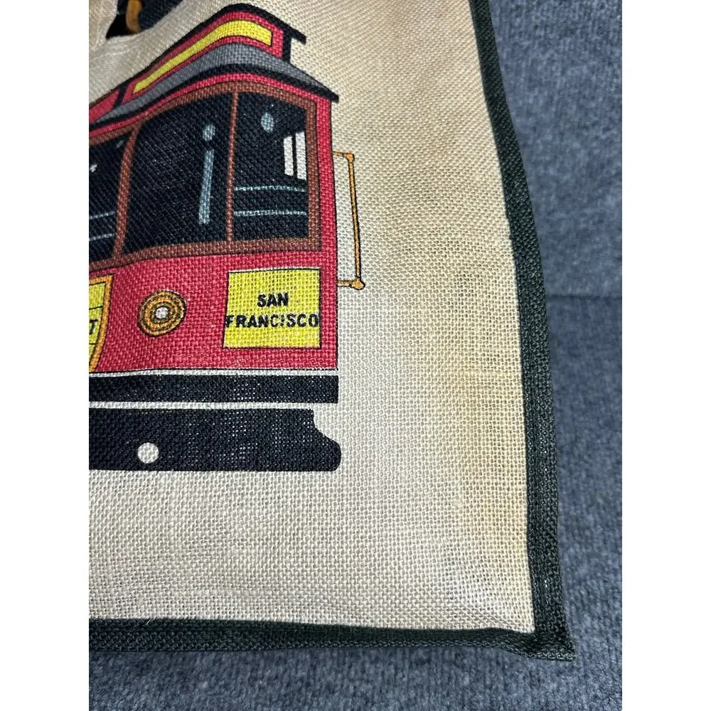 Vintage burlap tote San Francisco cable car trolley bamboo handles by Koret 15”